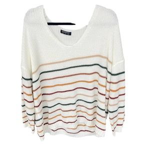 Bloomchic Sweater Womens Plus Size 26 Cream Striped Long Sleeve Boxy V-neck